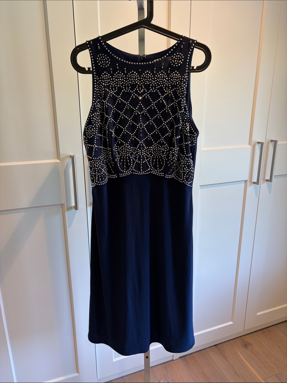 Sleeveless Navy Midi Dress with Beaded Bodice